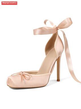 Satin Ballet Heels Closed Toe Pumps with Bow and Stiletto Heel